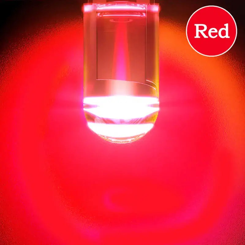 Glowing red W5W LED T10 light bulb with bright COB glass technology illumination