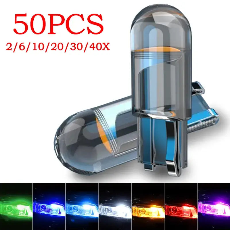 Transparent capsule-shaped W5W LED T10 car lights with colorful COB glass technology