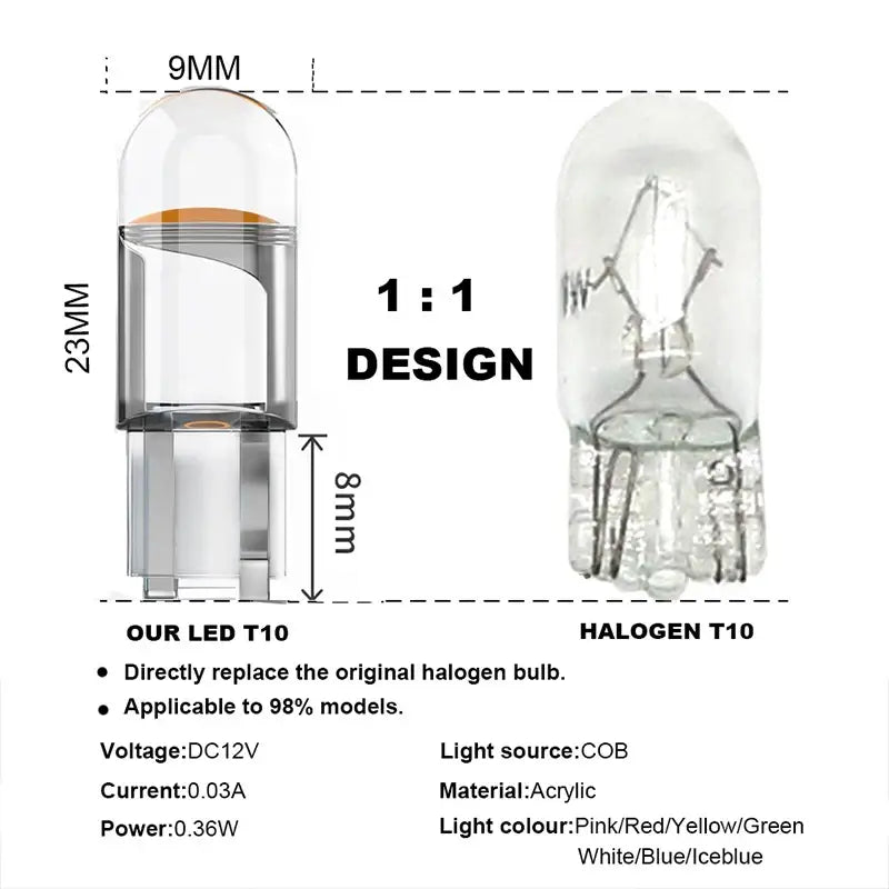 Comparison diagram of W5W LED T10 and Halogen T10 with COB Glass Technology specifications