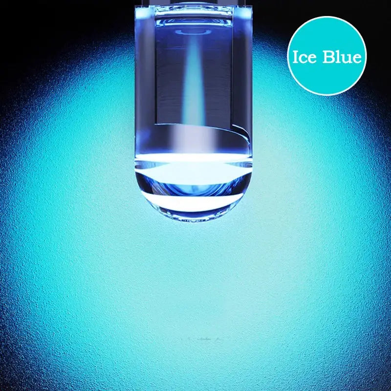 Illuminated W5W LED T10 car light featuring bright ice blue glow and COB glass technology