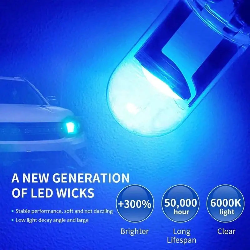 W5W LED T10 car light with bright blue-white glow using COB glass technology