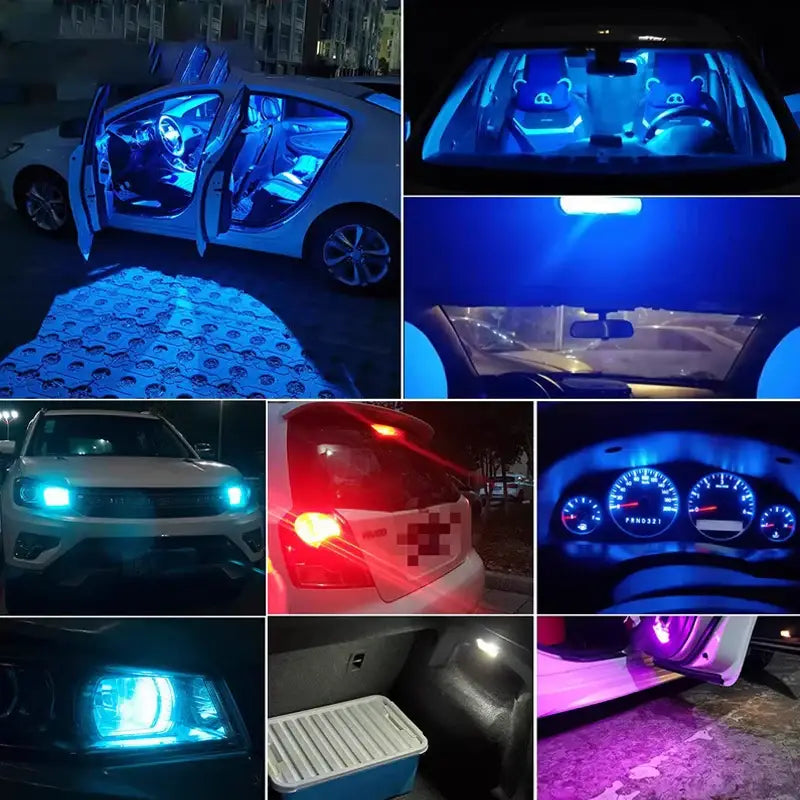 Collage of illuminated car interiors and exteriors featuring W5W LED T10 with COB Glass Technology