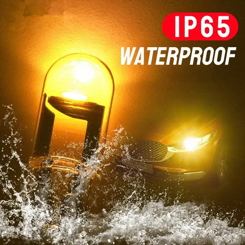 Glowing W5W LED T10 car light with COB glass technology surrounded by splashing water