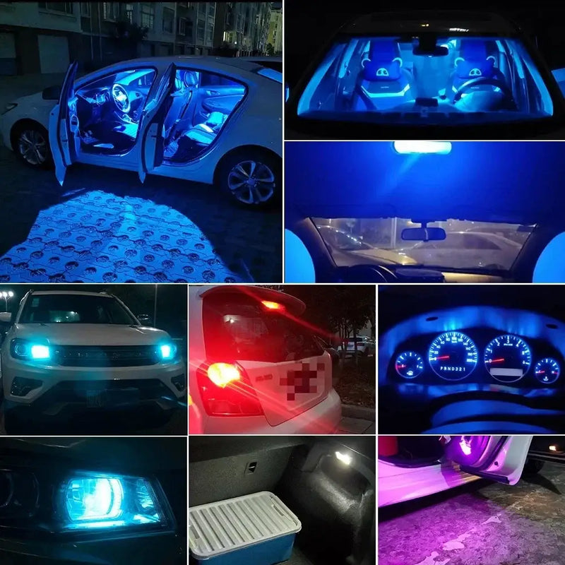 Collage showcasing W5W LED T10 car lights enhancing interior and exterior aesthetics