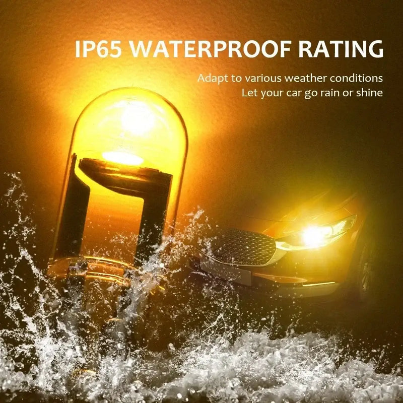 Waterproof LED T10 Car light fixture emitting bright yellow glow with splashing water