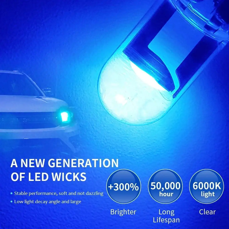 W5W LED T10 Car Light showcasing an LED bulb with a bright blue glow for visibility