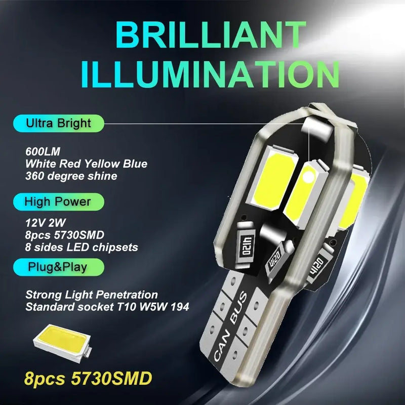 LED W5W T10 bulbs featuring bright chips and metal base, compatible with various models