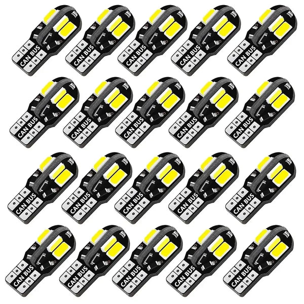 LED W5W T10 bulbs compatible with Civic, Focus, Fusion, Ram, and more, arranged in rows