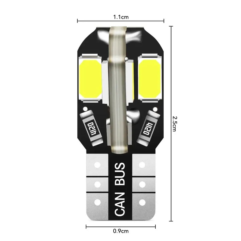 LED W5W T10 Bulbs for automotive use, compatible with Civic, Focus, Fusion, and Ram