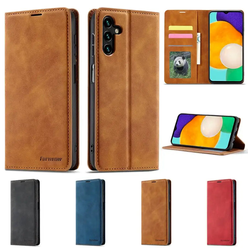 Leather wallet-style phone case in various colors with skin feel magnetic flip design