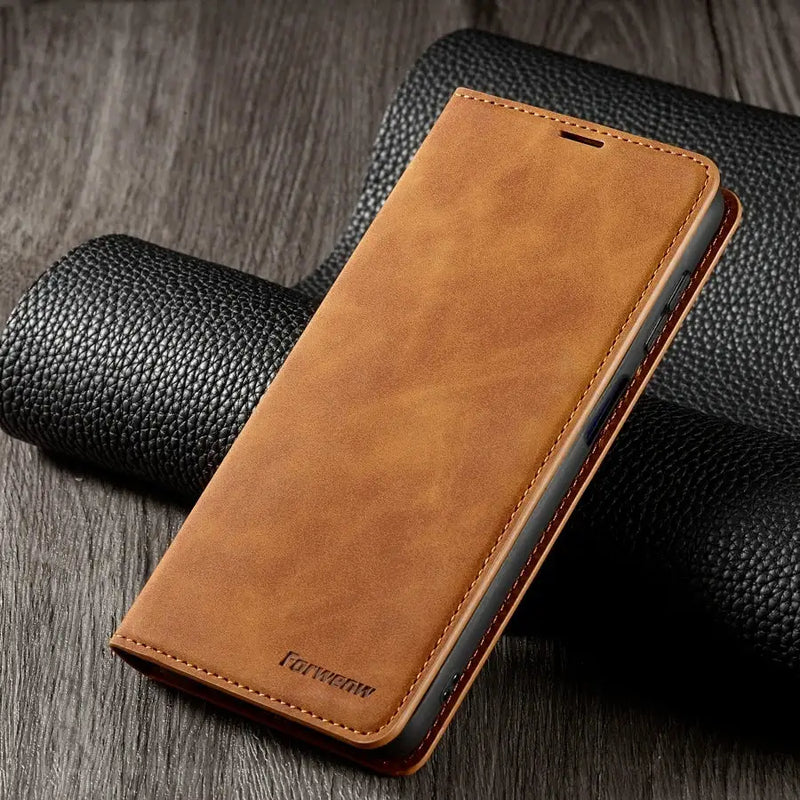 Tan leather wallet skin feel magnetic flip case for Samsung Galaxy A04s smartphone