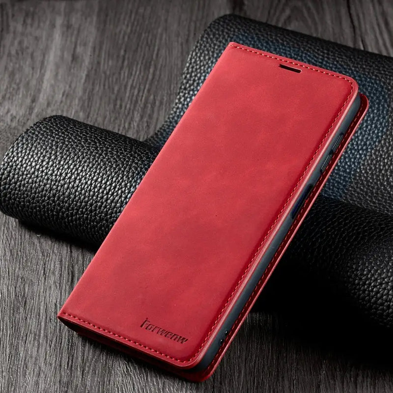 Red leather wallet-style smartphone case with magnetic flip for Samsung Galaxy A04s