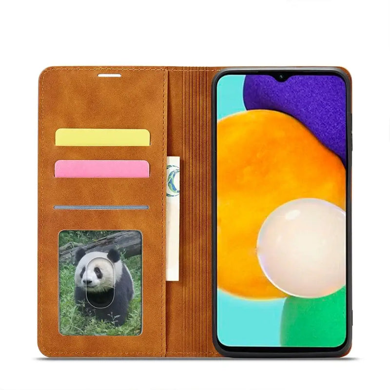 Smartphone wallet case with card slots and photo display featuring a panda for Samsung Galaxy A04s