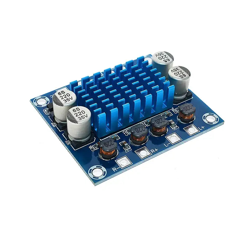 Blue circuit board with heat sink and components for WAVGAT TPA3110 Experimental Module 8-26V 3A