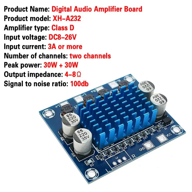 Digital audio amplifier board with blue heatsinks for WAVGAT TPA3110, 8-26V 3A semi