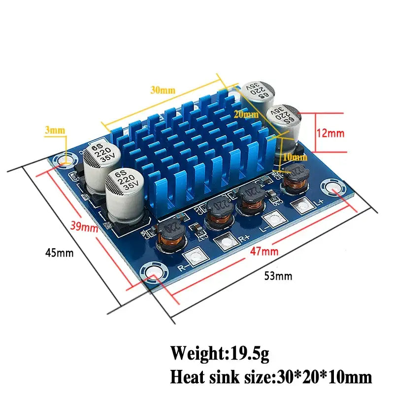 Electronic circuit board with blue heatsink in WAVGAT TPA3110 Experimental Module 8-26V 3A