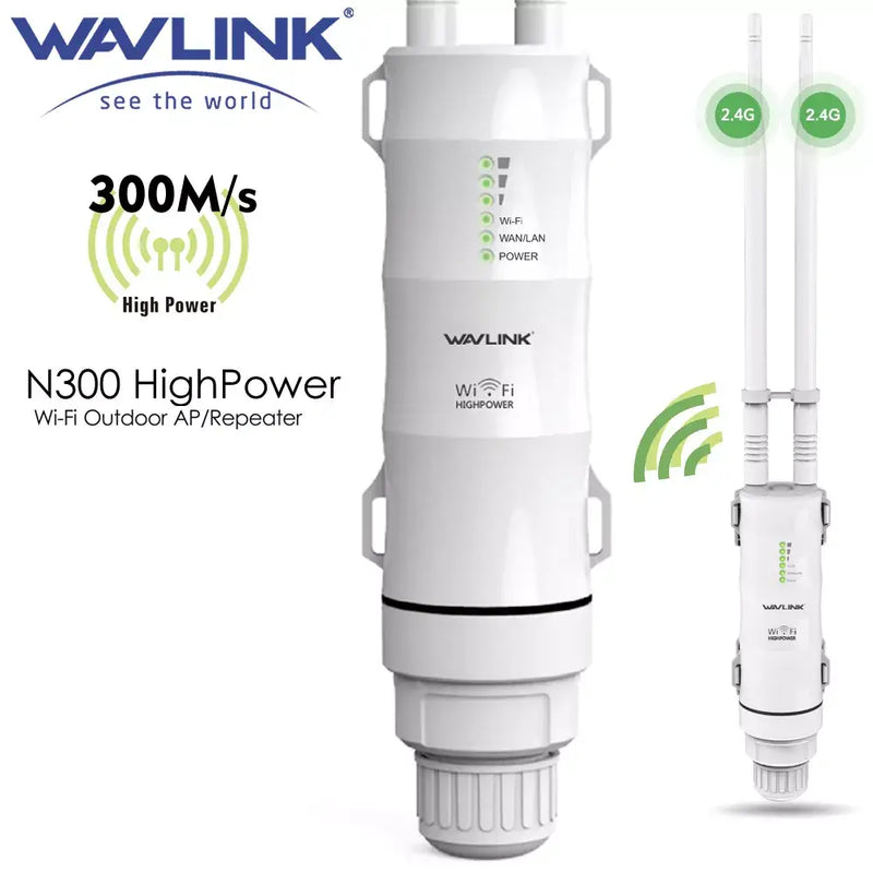 Cylindrical WAVLINK Wireless WAN outdoor repeater with antennas and green signal indicators