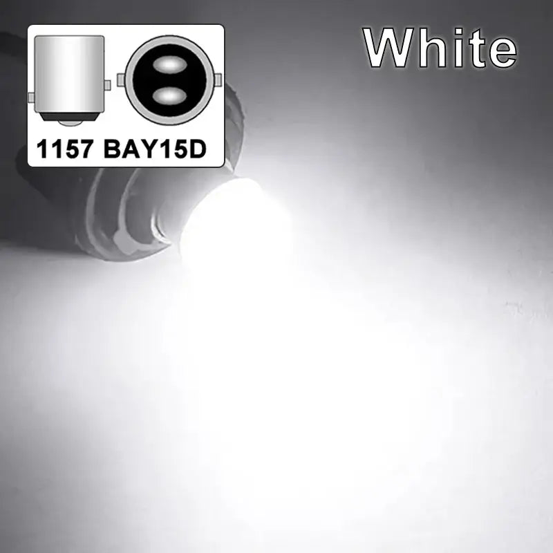 Light bulb labeled 1157 BAY15D and White for P21W BA15S LED Bulb applications