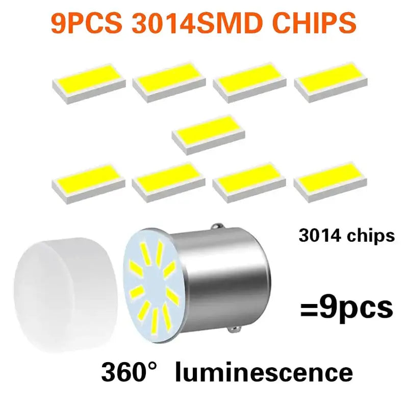 LED Bulb P21W Ba15s featuring nine 3014 SMD chips for 360-degree illumination