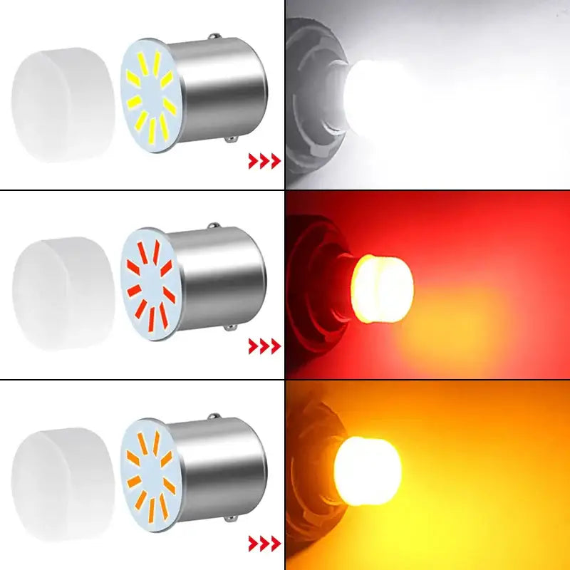 LED Bulb P21W Ba15s showcasing various colors and brightness for car tail lights