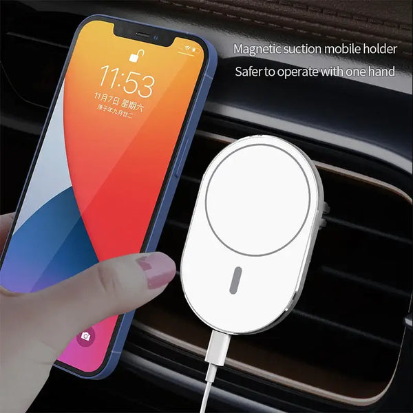 Magnetic suction mobile phone holder on POOJERY Wireless Car Charger in black and white