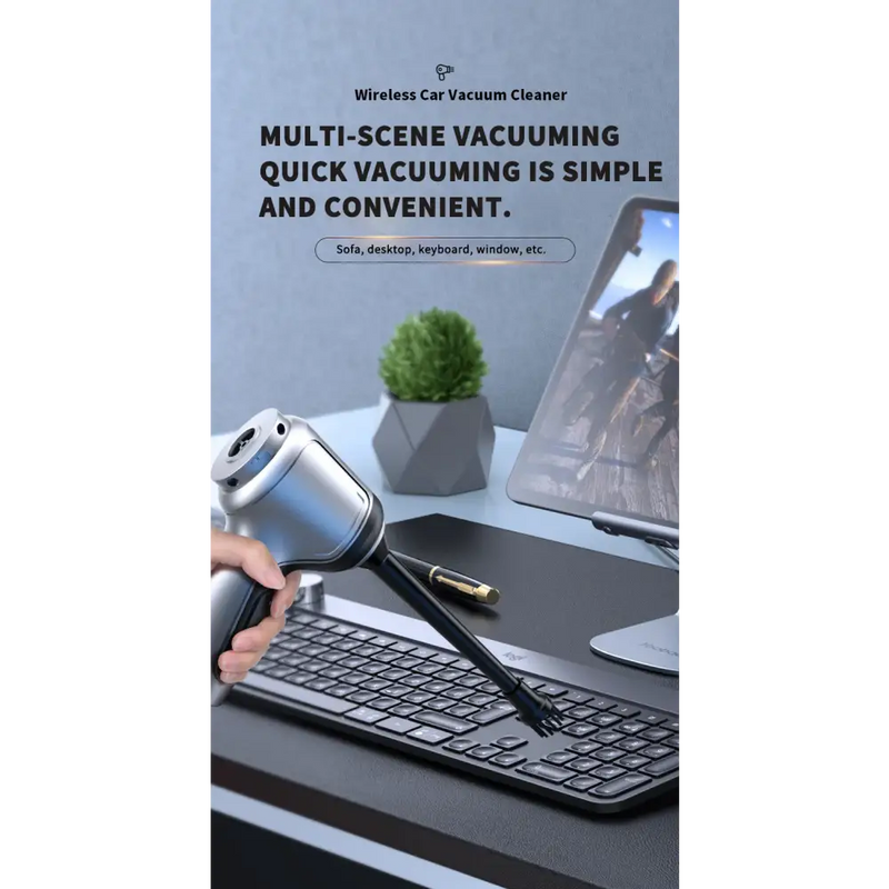 Handheld wireless vacuum cleaner effectively cleans a computer keyboard, ideal for car use