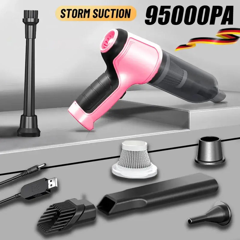 Wireless handheld car vacuum cleaner in pink and black with multiple attachments