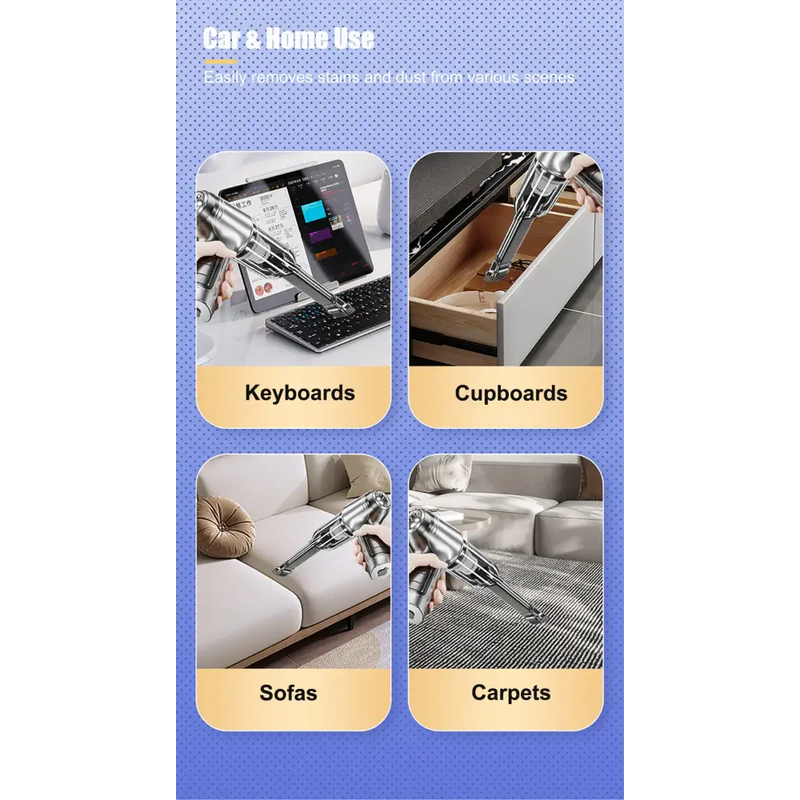 Wireless Handheld Car Vacuum Cleaner being used on various surfaces for efficient cleaning