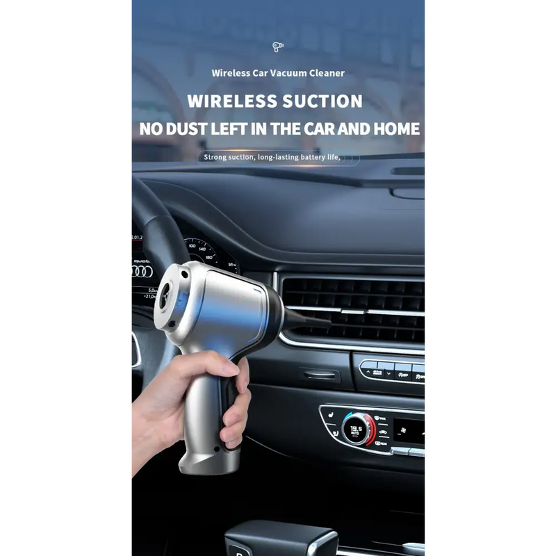 Handheld wireless car vacuum cleaner in use for efficient vehicle interior cleaning