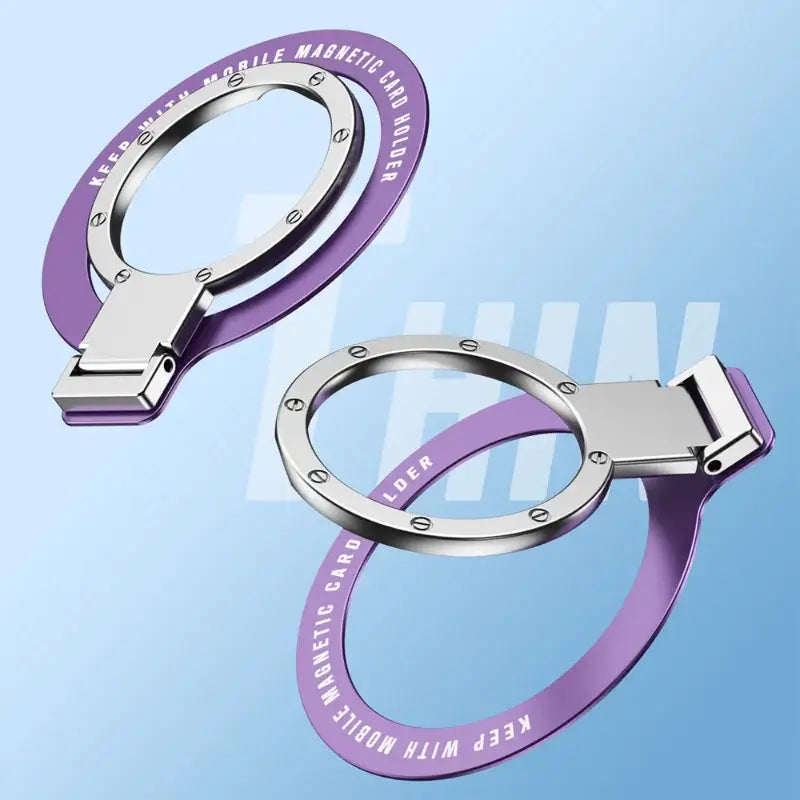 Pair of purple and silver circular keychain rings with engraved text for desk holder mainland china features