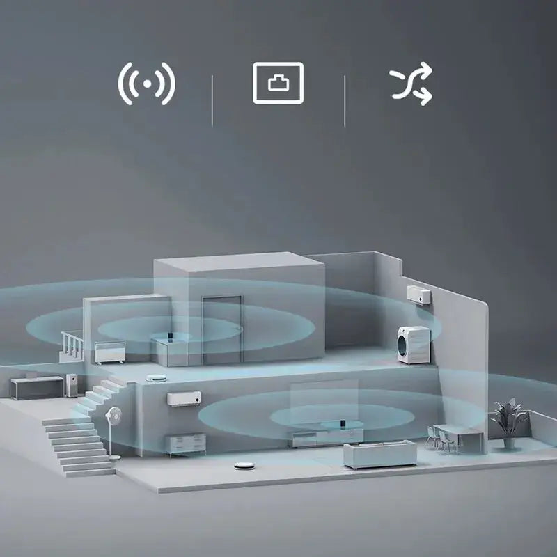 Minimalist 3D model of a smart home showcasing the Original Xiaomi AX3000 WiFi Router