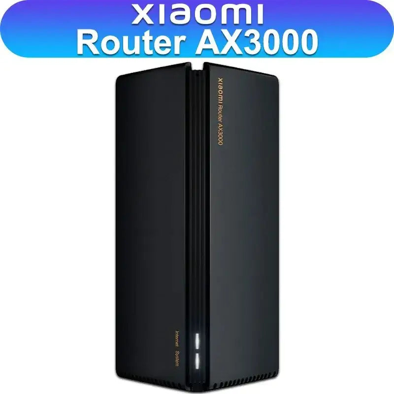 Black Xiaomi AX3000 WiFi Router with vertical design and gold accents for enhanced connectivity