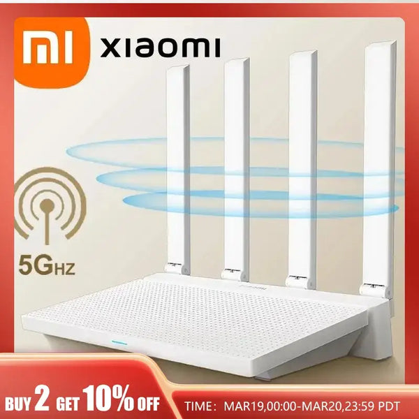 White Xiaomi AX3000T Router with four antennas for stable Wi-Fi 802.11g connections