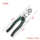 Adjustable wrench or pliers with green and black handles.