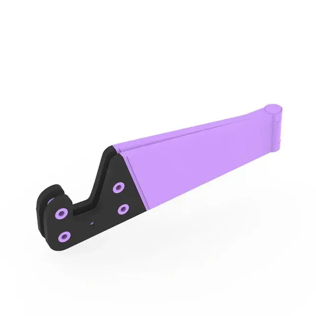 Purple and black plastic mobile phone holder stand with a slanted design for desks