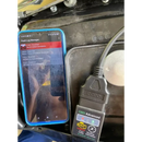 Smartphone showing Fault Log Manager next to Yamaha Honda Suzuki EFI Motobike OBD2 cable tool