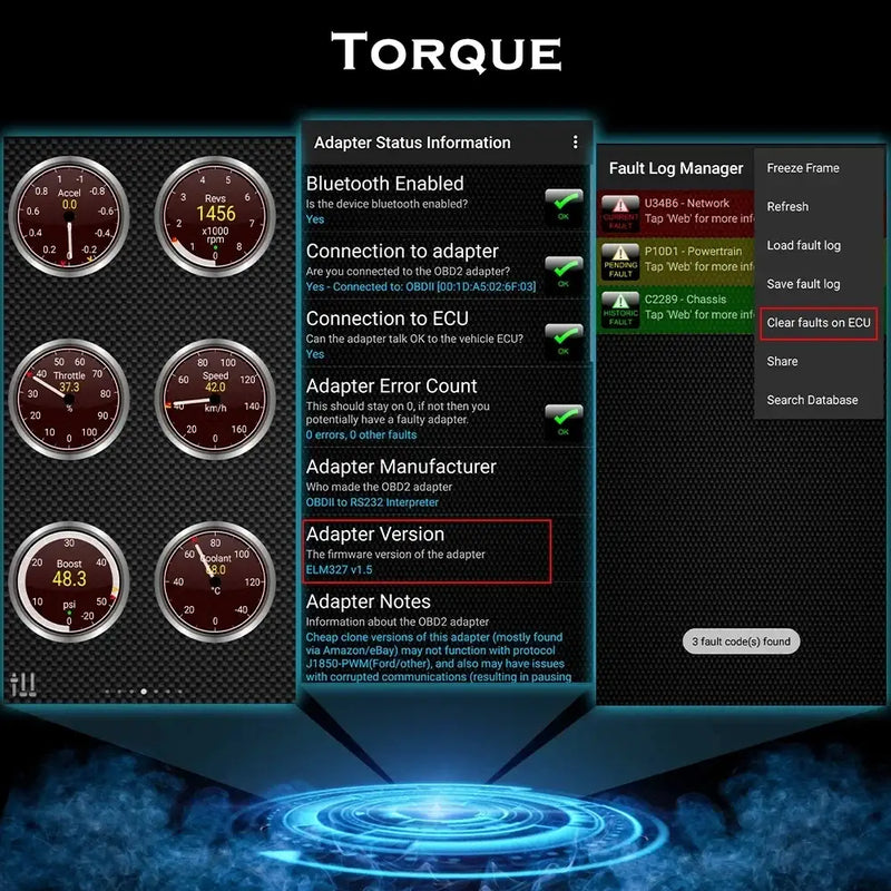 Vehicle diagnostic interface showing torque and engine data for Suzuki EFI Motobike OBD2 cable