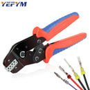 Crimping tool with red and blue handles and wire terminals, YEFYM SN-11BO Mini, Mainland China DIY Supplies