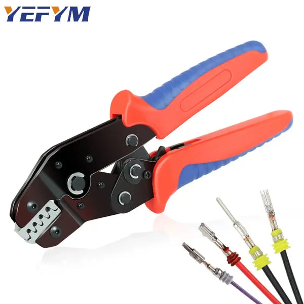 Crimping tool with red and blue handles and wire terminals, YEFYM SN-11BO Mini, Mainland China DIY Supplies