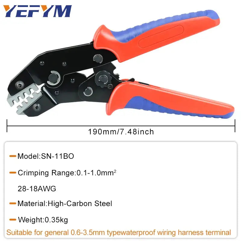 Crimping tool with red and blue handles, black jaws, YEFYM SN-11BO Mainland China DIY Supplies