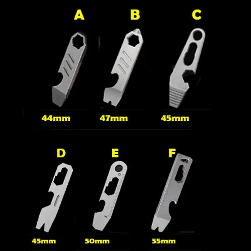 Collection of six titanium pocket pry bars labeled A through F, crafted from mainland China material