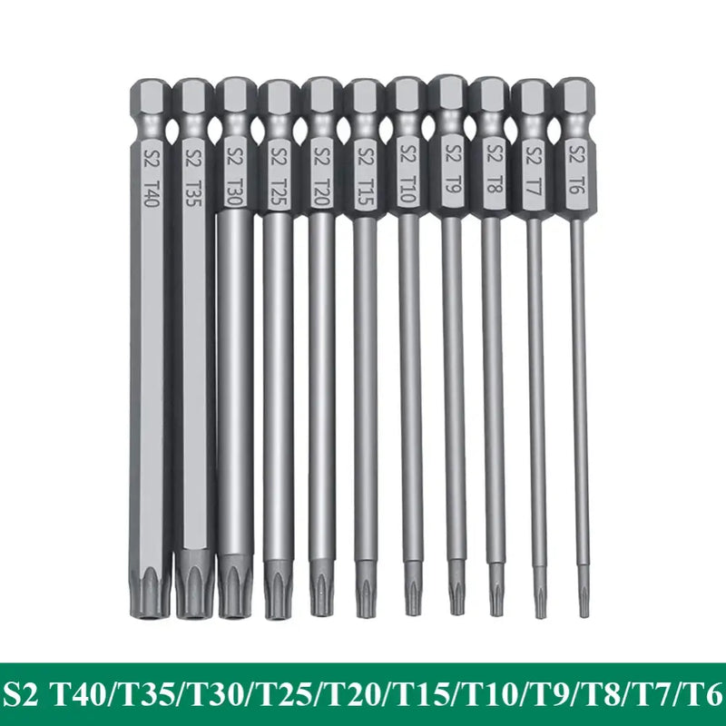 Set of long silver screwdriver bits with various Torx sizes for YiSu CuiGuang Multifunctional use