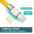 Ethernet cable connector displaying Zoerax Max Cat6A’s gold-plated contacts for optimal signal