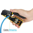 Cable stripping tool in use on blue wire, featured in ZoeRax WXQ-RJ-C6-YE Package