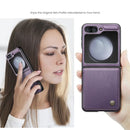 Foldable smartphone in purple leather case featuring a circular display by Zou Yuan Yuan