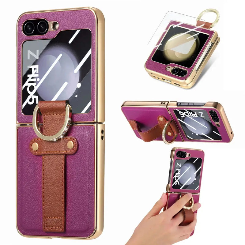 Stylish Zou Yuan Yuan purple smartphone case with brown leather strap and ring holder