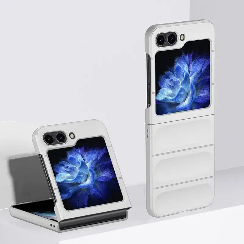 Foldable smartphone with dual-screen design showcasing vibrant floral image in Zou Yuan Yuan case