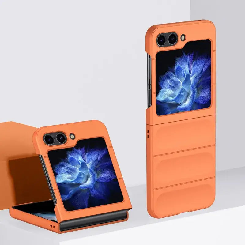 Foldable smartphone in orange case with blue floral screen, Zou Yuan Yuan product