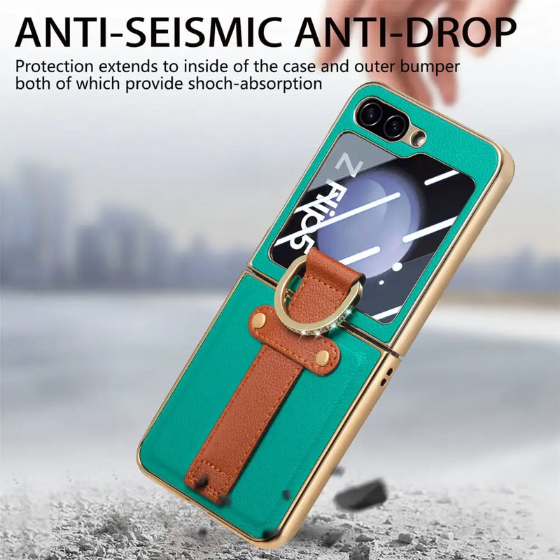 Teal Zou Yuan Yuan smartphone case with brown leather strap and anti-seismic protection