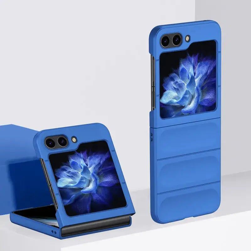 Blue foldable smartphone with glowing flower display in Zou Yuan Yuan Half-Wrapped Case